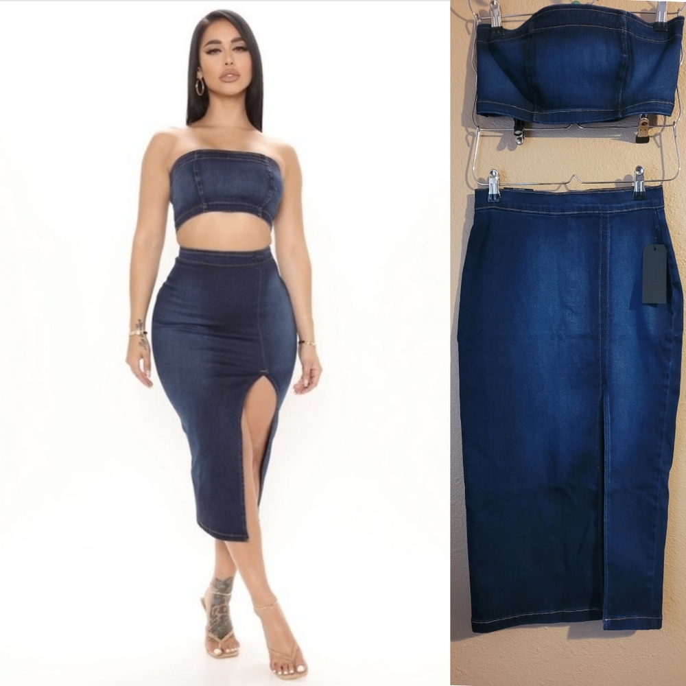 Denim Set 2pc Tube Top Midi Pencil Skirt High waisted Bodycon Stretch New - Picture 2 of 9